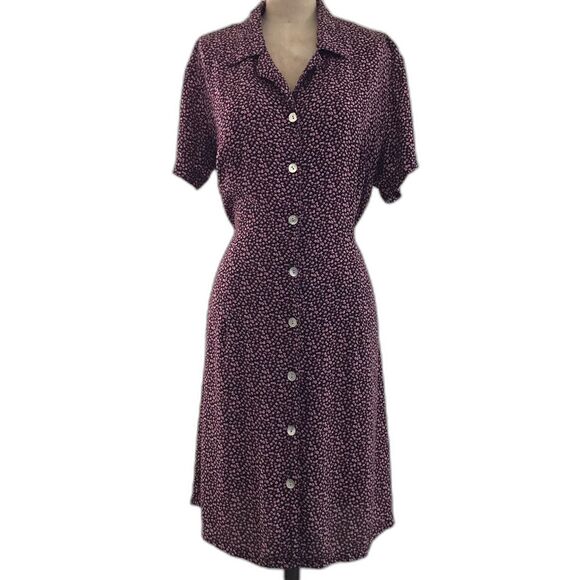 Vintage 90s Pink Black Ditzy Floral Short Sleeve Casual Cinch Waist Mini Dress M - Picture 2 of 8